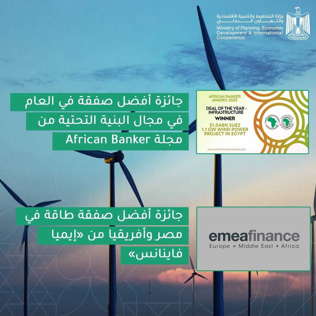 قد تكون صورة تحتوي على النص 'القطو_ولاشماتصادية التطيط الاقتصادية والتنمية Ministry Planning، Economic Developme International Cooperation തേയവിൻട العام في صفقة أفضل جائزة من التحتية البنية مجال في African Banker مجلة AFRICAN BANKER AWARDS WARDS2025 >2025 DLOR DEAL INFRASTRUCTUPE OFTHEYEAR- WINNER 1.1 1GWWIN $1.04BNS POWER PROJECT EGYPT wwwditrboberonnts.con في طاقة صفقة أفضل جائزة <