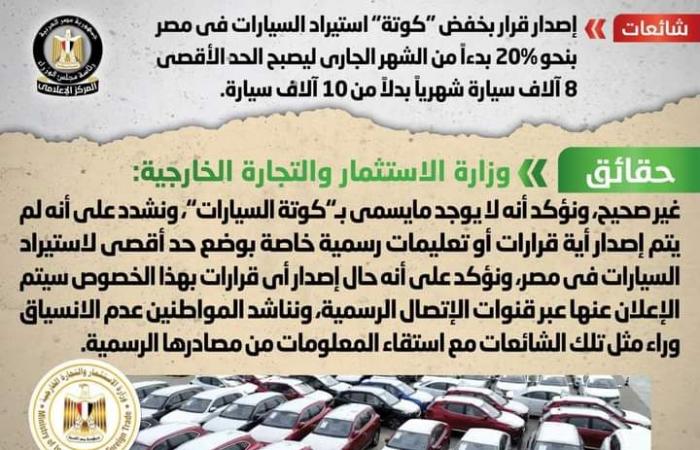 عاجل|
      الحكومة
      تنفي
      خفض
      "كوتة"
      استيراد
      السيارات
      في
      مصر
      20%
      بدءاً
      من
      الشهر
      الجاري