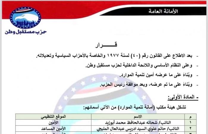 قرارات
      جديدة
      لحزب
      مستقبل
      وطن
      بإعادة
      تشكيل
      بعض
      الأمانات
      النوعية