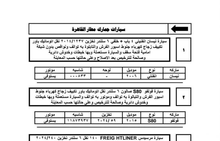 3
      ديسمبر..
      جلسة
      مزاد
      علني
      لبيع
      السيارات
      المخزنة
      بساحة
      جمارك
      مطار
      القاهرة
      (تفاصيل)