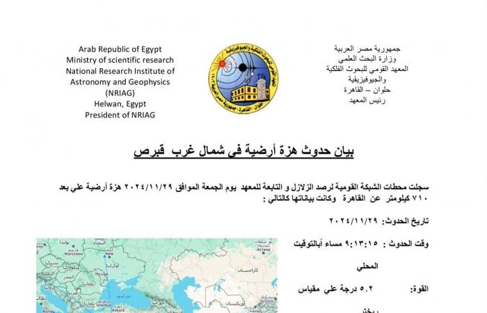 معهد
      الفلك:
      زلزال
      قبرصي
      بقوة
      5.2
      درجة
      على
      مقياس
      ريختر
      يشعر
      بها
      سكان
      القاهرة