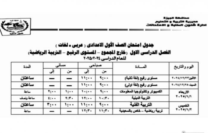 جدول
      امتحانات
      الصف
      الثالث
      الإعدادي
      الترم
      الأول
      في
      الجيزة