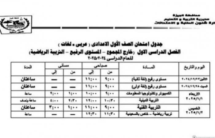 جدول
      امتحانات
      الصف
      الثالث
      الإعدادي
      الترم
      الأول
      في
      الجيزة