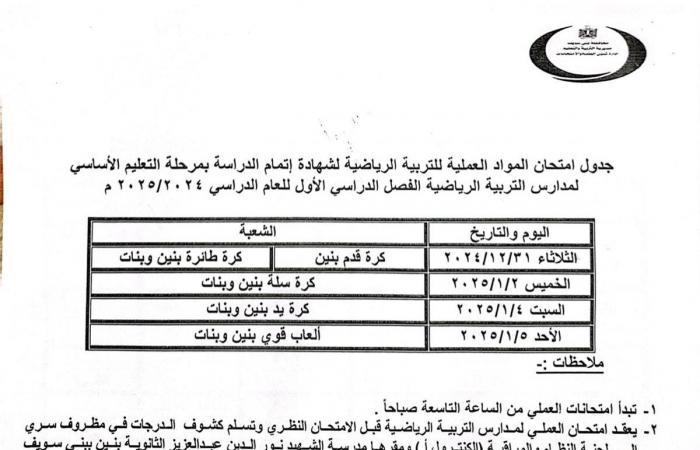 محافظ
      بني
      سويف
      يعتمد
      مواعيد
      امتحانات
      الفصل
      الدراسي
      الأول
      للنقل
      والشهادات