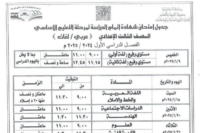 عاجل
      بالصور
      -
      جدول
      امتحانات
      الصف
      الثالث
      الإعدادي
      الترم
      الأول
      2025
      (التفاصيل
      الكاملة)