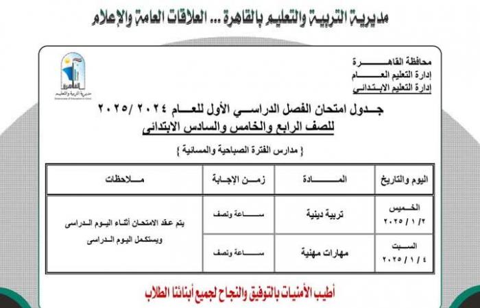 جدول
      امتحانات
      الفصل
      الدراسي
      الأول
      محافظة
      القاهرة..
      اطلع
      الآن