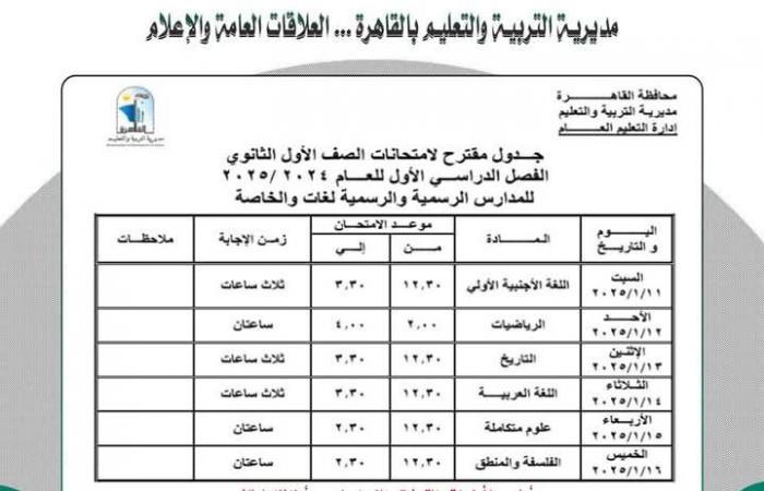 جدول
      امتحانات
      الفصل
      الدراسي
      الأول
      محافظة
      القاهرة..
      اطلع
      الآن