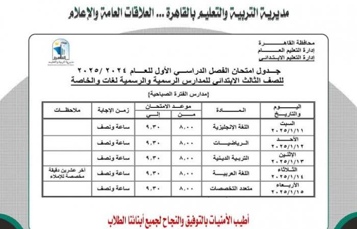 جدول
      امتحانات
      الفصل
      الدراسي
      الأول
      محافظة
      القاهرة..
      اطلع
      الآن