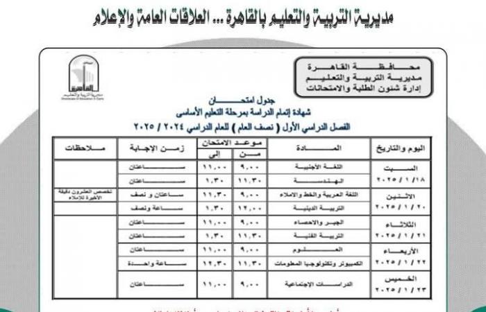 جدول
      امتحانات
      الفصل
      الدراسي
      الأول
      محافظة
      القاهرة..
      اطلع
      الآن