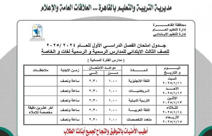 جدول
      امتحانات
      الفصل
      الدراسي
      الأول
      محافظة
      القاهرة..
      اطلع
      الآن