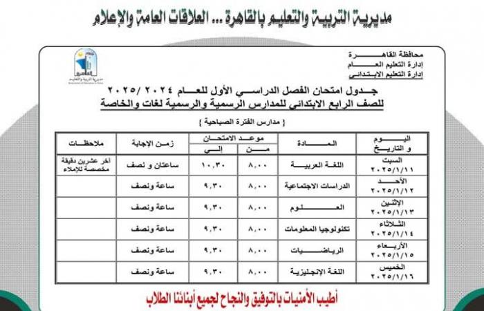 جدول
      امتحانات
      الفصل
      الدراسي
      الأول
      محافظة
      القاهرة..
      اطلع
      الآن