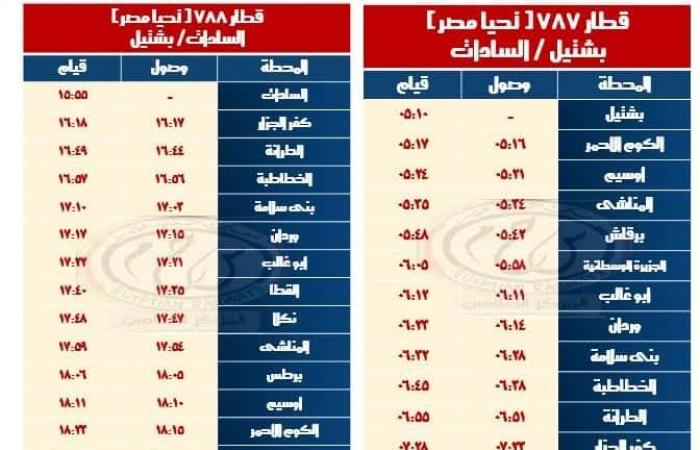 السكة
      الحديد
      تعلن
      مواعيد
      القطارات
      على
      خط
      "القنطرة
      شرق
      /
      بئر
      العبد"
      و"بشتيل
      /
      كفر
      داوود
      /
      السادات"
      والعكس