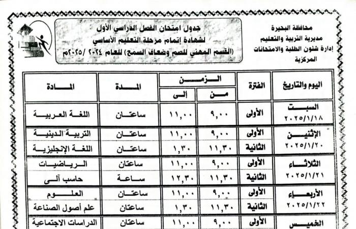 جداول
      امتحانات
      الفصل
      الدراسي
      الأول
      لجميع
      المراحل
      التعليمية
      في
      البحيرة