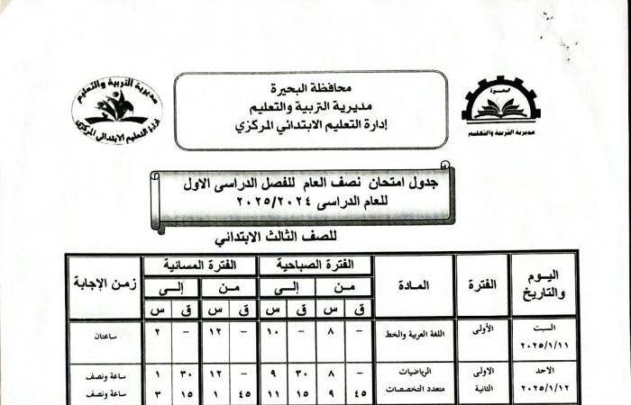 جداول
      امتحانات
      الفصل
      الدراسي
      الأول
      لجميع
      المراحل
      التعليمية
      في
      البحيرة