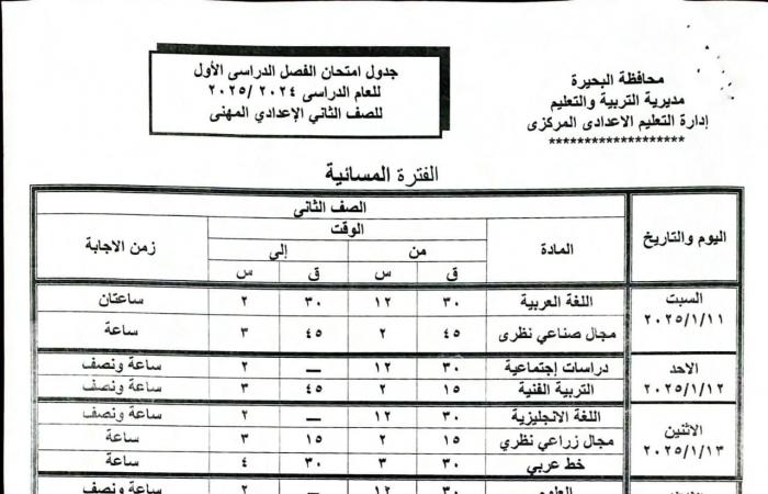 جداول
      امتحانات
      الفصل
      الدراسي
      الأول
      لجميع
      المراحل
      التعليمية
      في
      البحيرة