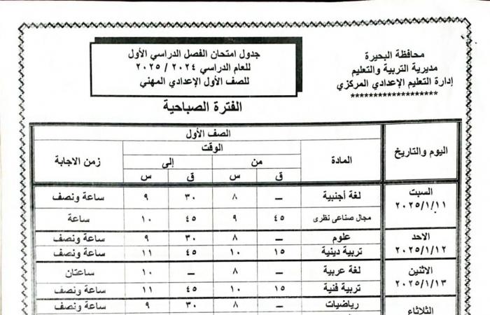 جداول
      امتحانات
      الفصل
      الدراسي
      الأول
      لجميع
      المراحل
      التعليمية
      في
      البحيرة