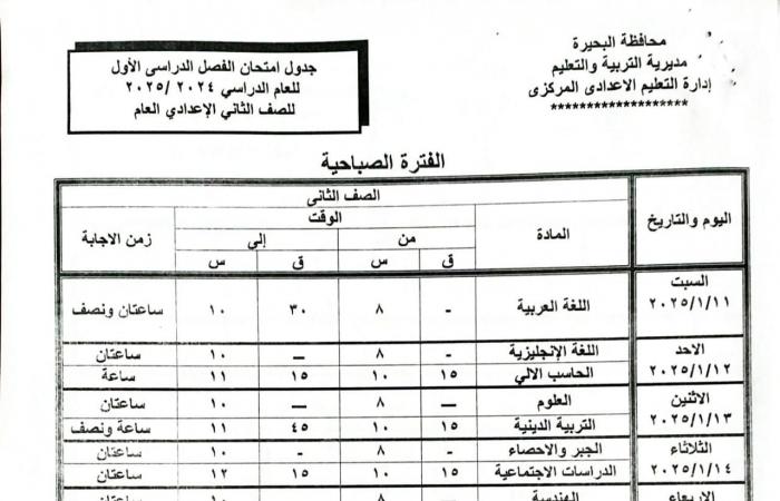 جداول
      امتحانات
      الفصل
      الدراسي
      الأول
      لجميع
      المراحل
      التعليمية
      في
      البحيرة