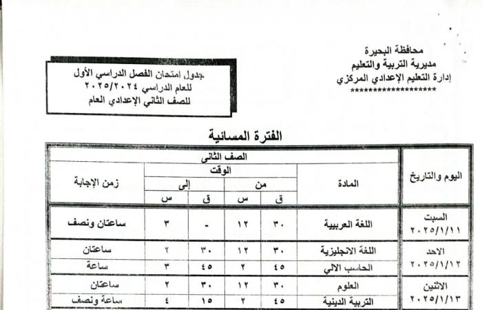 جداول
      امتحانات
      الفصل
      الدراسي
      الأول
      لجميع
      المراحل
      التعليمية
      في
      البحيرة