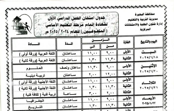 جداول
      امتحانات
      الفصل
      الدراسي
      الأول
      لجميع
      المراحل
      التعليمية
      في
      البحيرة