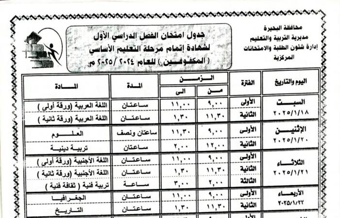 "تعليم
      البحيرة"
      تعتمد
      جداول
      امتحانات
      الترم
      الأول