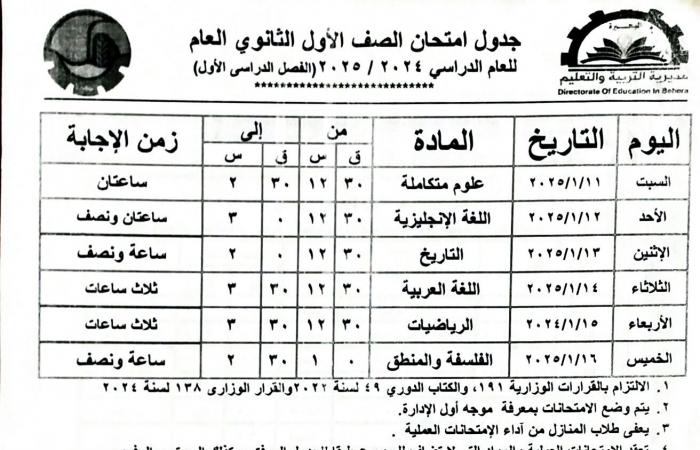 جداول
      امتحانات
      الفصل
      الدراسي
      الأول
      لجميع
      المراحل
      التعليمية
      في
      البحيرة