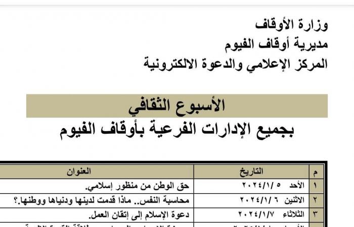 أوقاف
      الفيوم
      تطلق
      الأسبوع
      الثقافي
      بـ17
      مسجدًا
      في
      جميع
      الإدارات