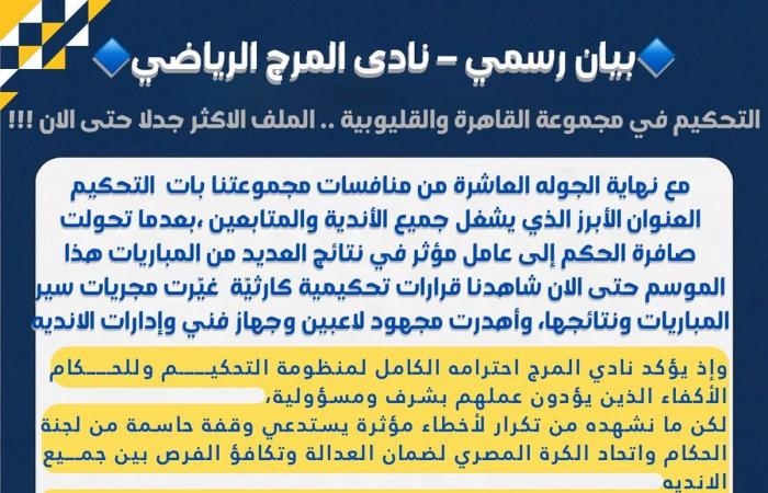 في
      بيان
      رسمي
      ..نادي
      المرج
      يكشف
      أخطاء
      التحكيم
      ويطالب
      بتوفير
      العدالة
      بدوري
      القسم
      الثالث