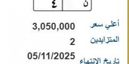 سعرها 3 ملايين و50 ألف جنيه.. مزاد على لوحة سيارة مميزة (ن-4)