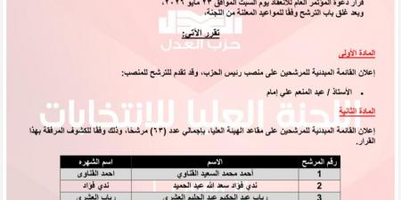 63 مرشحًا يتنافسون على مقاعد الهيئة العليا لحزب العدل في مشهد ديمقراطي يعكس حيوية الحزب