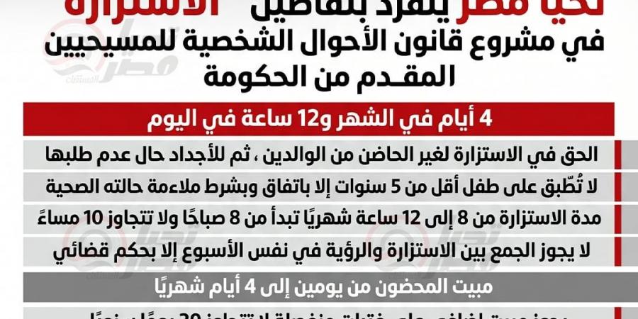 4 أيام في الشهر و12 ساعة في اليوم ..تحيا مصر ينفرد بتفاصيل “الاستزارة” في مشروع قانون الأحوال الشخصية للمسيحيين المقدم من الحكومة