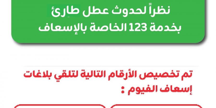 عطل مفاجئ يضرب الخط الساخن 123 بالفيوم.. والإسعاف توفر أرقامًا بديلة لاستقبال البلاغات