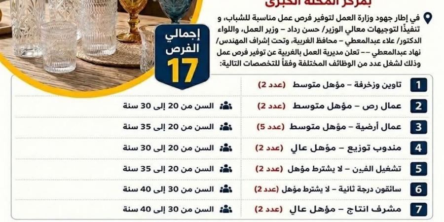 "عمل الغربية": 57 فرصة عمل جديدة بالقطاع الخاص في طنطا والمحلة